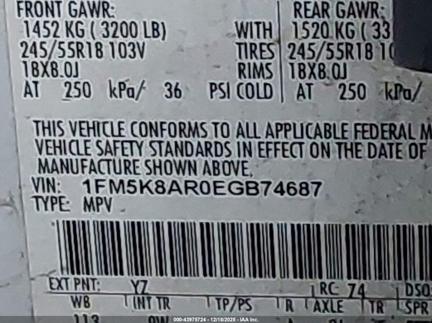 2014 Ford Utility Police Interceptor VIN: 1FM5K8AR0EGB74687 Lot: 43975724