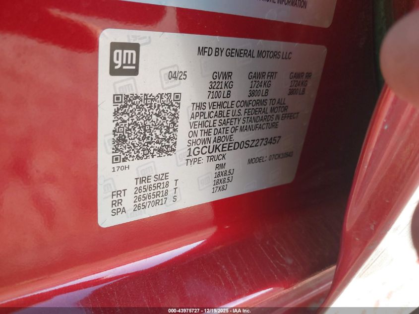 2025 Chevrolet Silverado 1500 4Wd Short Bed Rst VIN: 1GCUKEED0SZ273457 Lot: 43975727
