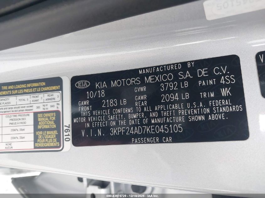 2019 Kia Forte Lxs VIN: 3KPF24AD7KE045105 Lot: 43975729