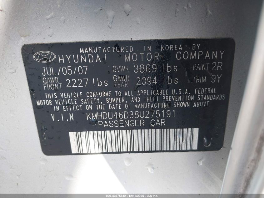 2008 Hyundai Elantra Gls/Se VIN: KMHDU46D38U275191 Lot: 43975732