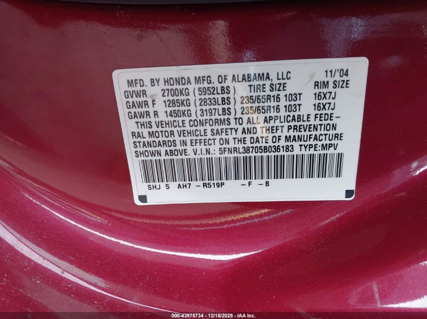 2005 Honda Odyssey Ex-L VIN: 5FNRL38705B036183 Lot: 43975734