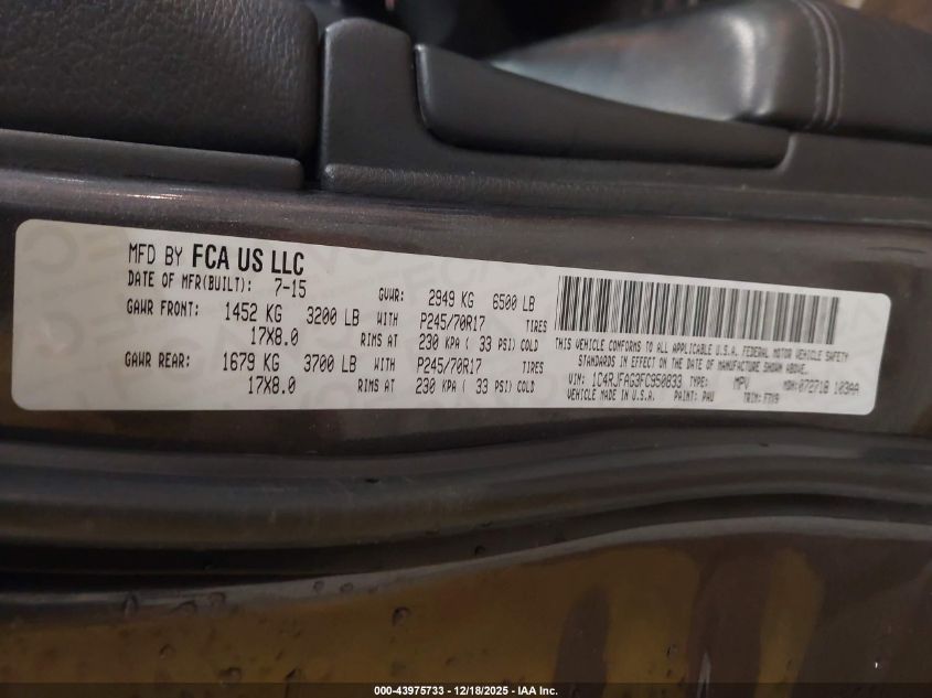 2015 Jeep Grand Cherokee Laredo VIN: 1C4RJFAG3FC950833 Lot: 43975733