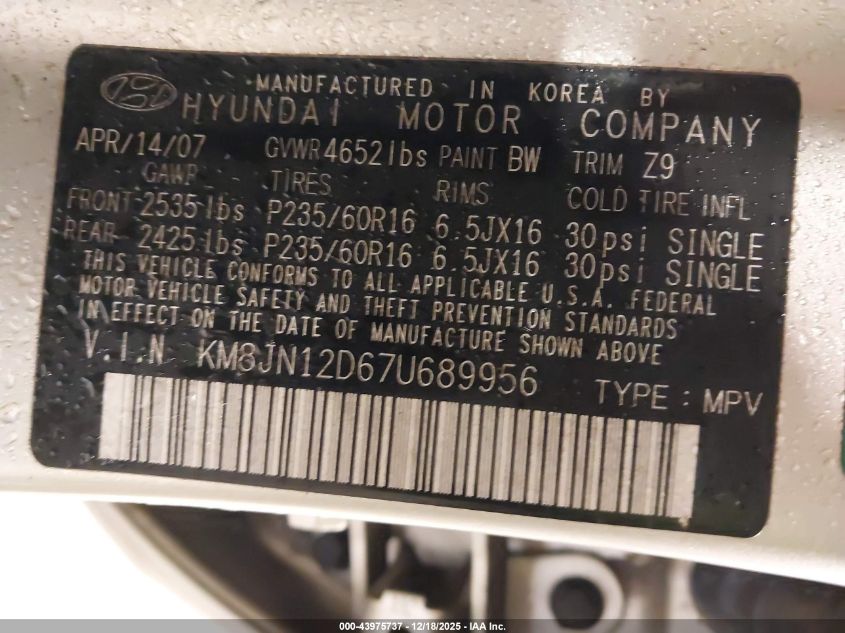 2007 Hyundai Tucson Limited/Se VIN: KM8JN12D67U689956 Lot: 43975737