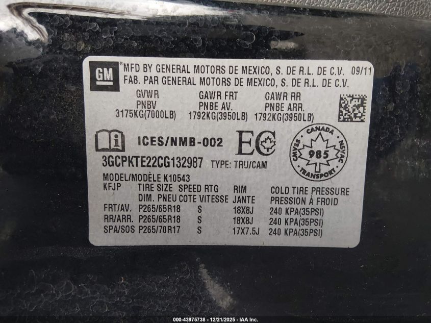 2012 Chevrolet Silverado 1500 Ltz VIN: 3GCPKTE22CG132987 Lot: 43975738