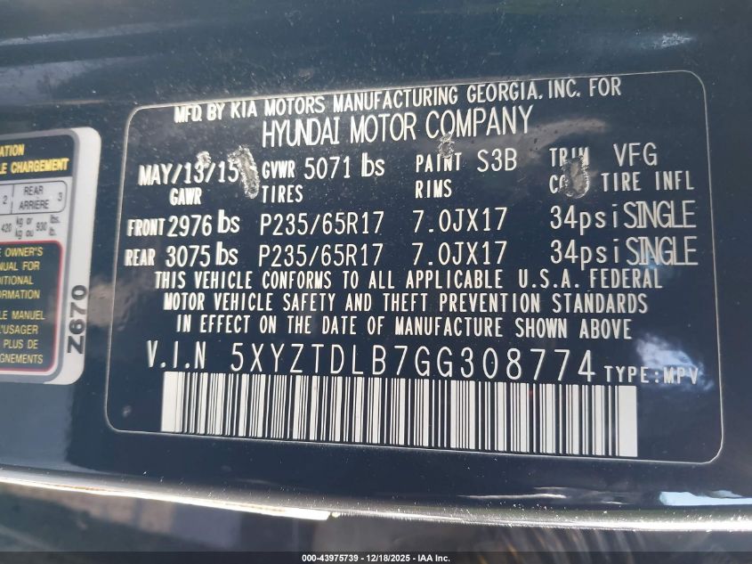 2016 Hyundai Santa Fe Sport 2.4L VIN: 5XYZTDLB7GG308774 Lot: 43975739