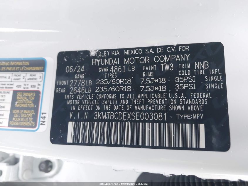 2025 Hyundai Tucson Sel VIN: 3KMJBCDEXSE003081 Lot: 43975743