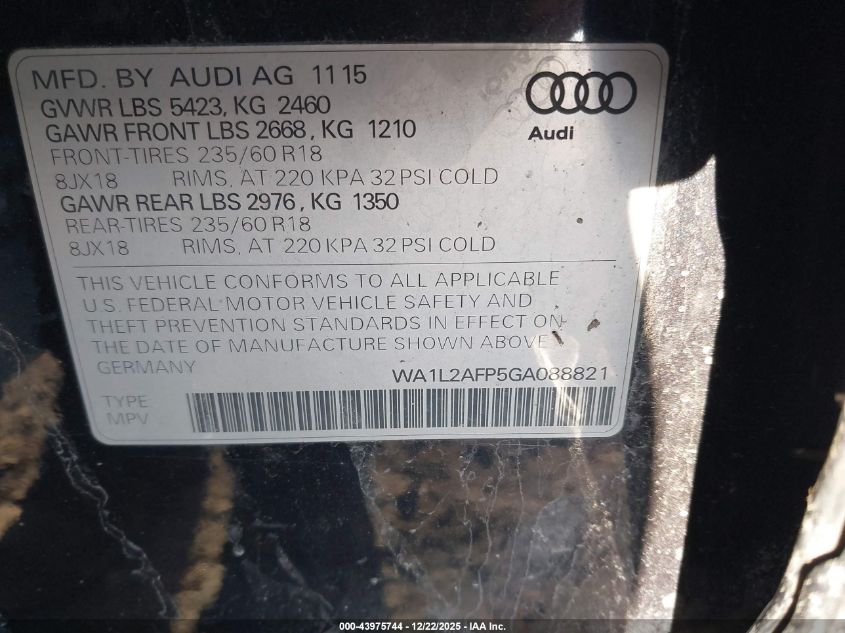 2016 Audi Q5 2.0T Premium VIN: WA1L2AFP5GA088821 Lot: 43975744