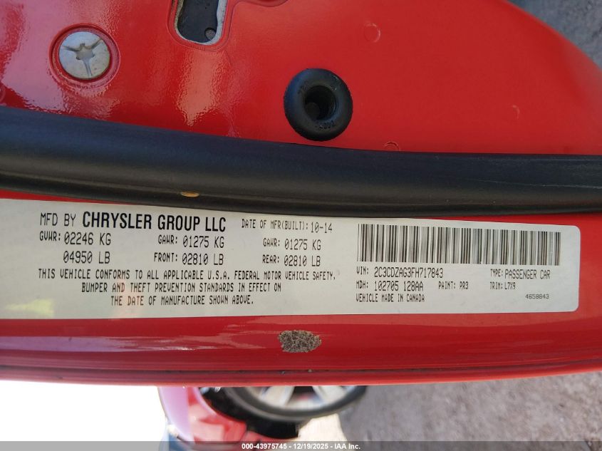 2015 Dodge Challenger Sxt VIN: 2C3CDZAG3FH717843 Lot: 43975745