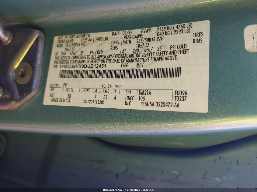 2013 Ford Escape Sel VIN: 1FMCU9HX8DUB12451 Lot: 43975747