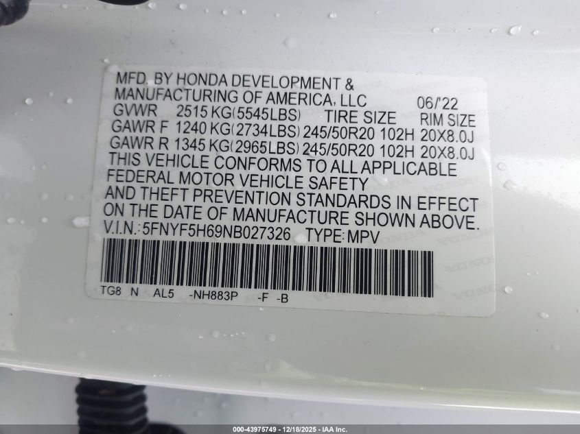 2022 Honda Pilot 2Wd Touring 7 Passenger VIN: 5FNYF5H69NB027326 Lot: 43975749