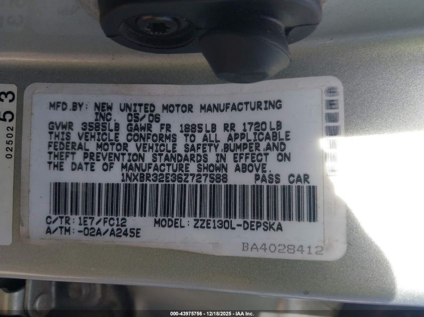 2006 Toyota Corolla S VIN: 1NXBR32E36Z727588 Lot: 43975756