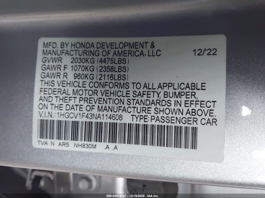 2022 Honda Accord Sport Special Edition VIN: 1HGCV1F43NA114608 Lot: 43975757