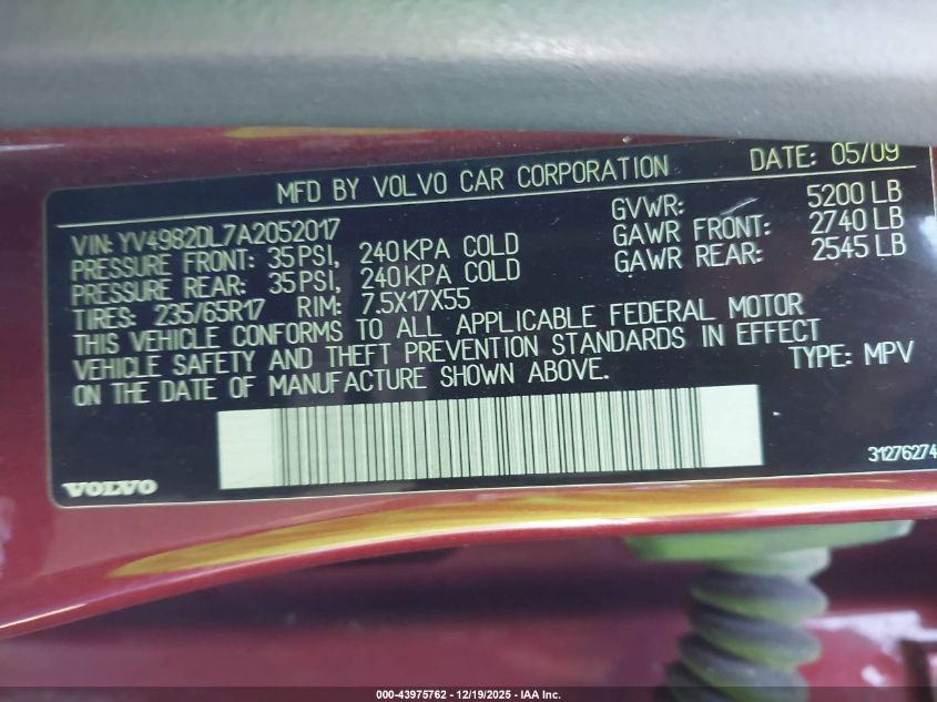 2010 Volvo Xc60 3.2 VIN: YV4982DL7A2052017 Lot: 43975762