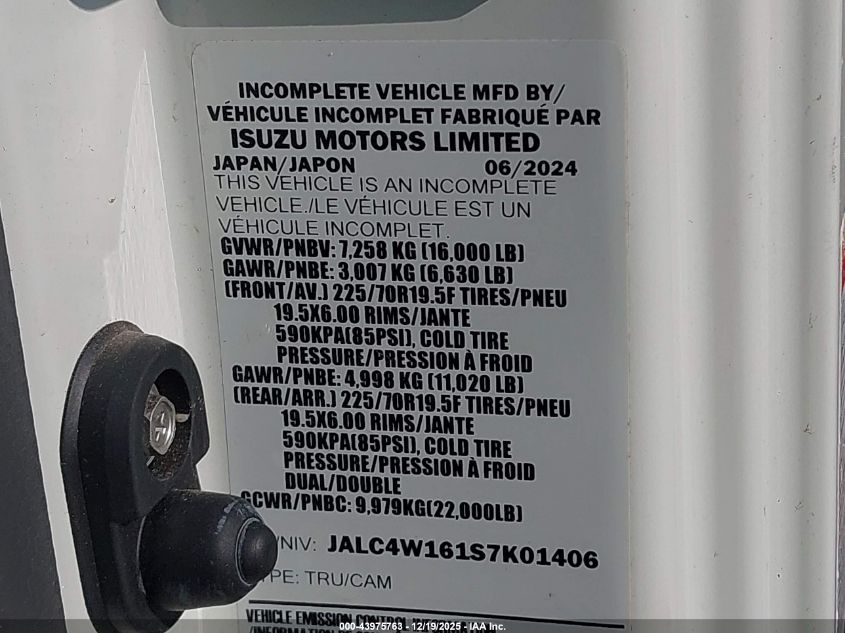 2025 Isuzu Npr Xd VIN: JALC4W161S7K01406 Lot: 43975763