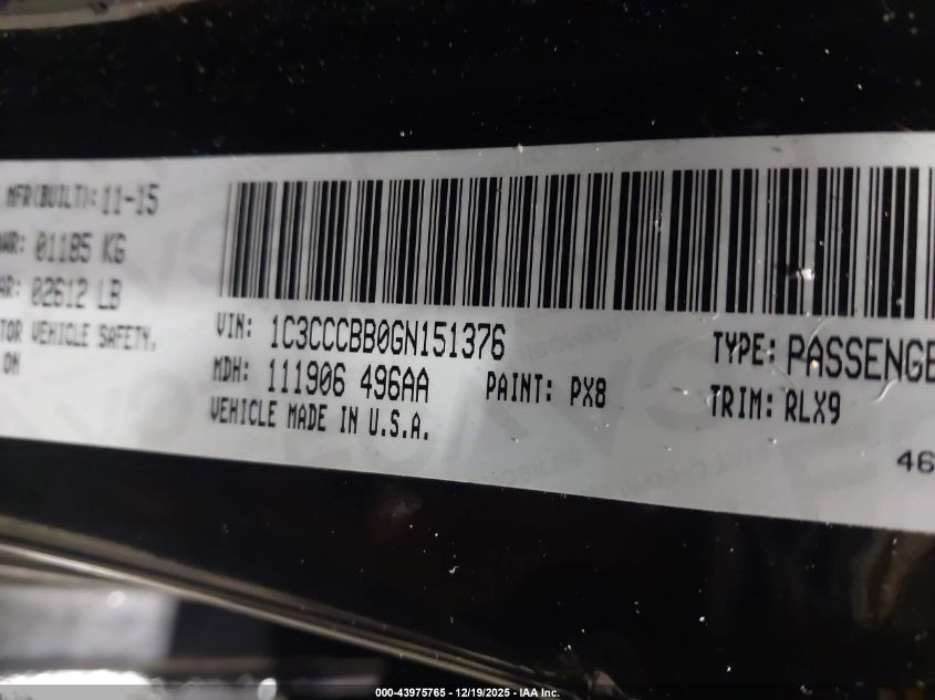 2016 Chrysler 200 S VIN: 1C3CCCBB0GN151376 Lot: 43975765