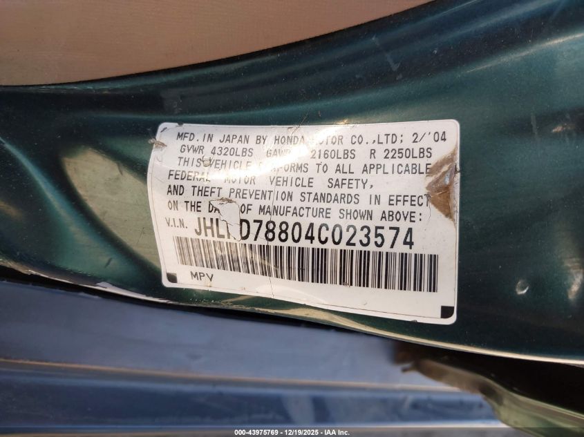 2004 Honda Cr-V Ex VIN: JHLRD78804C023574 Lot: 43975769