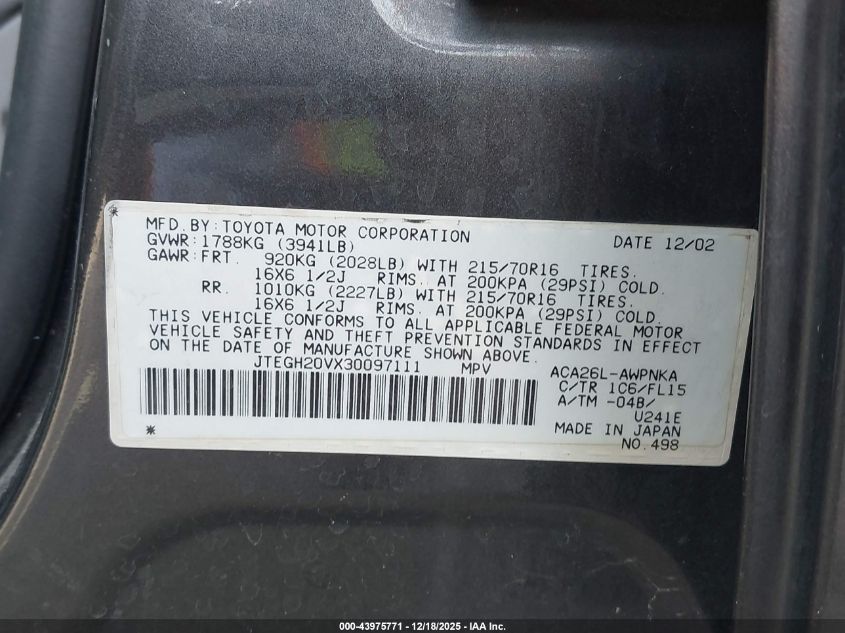 2003 Toyota Rav4 VIN: JTEGH20VX30097111 Lot: 43975771