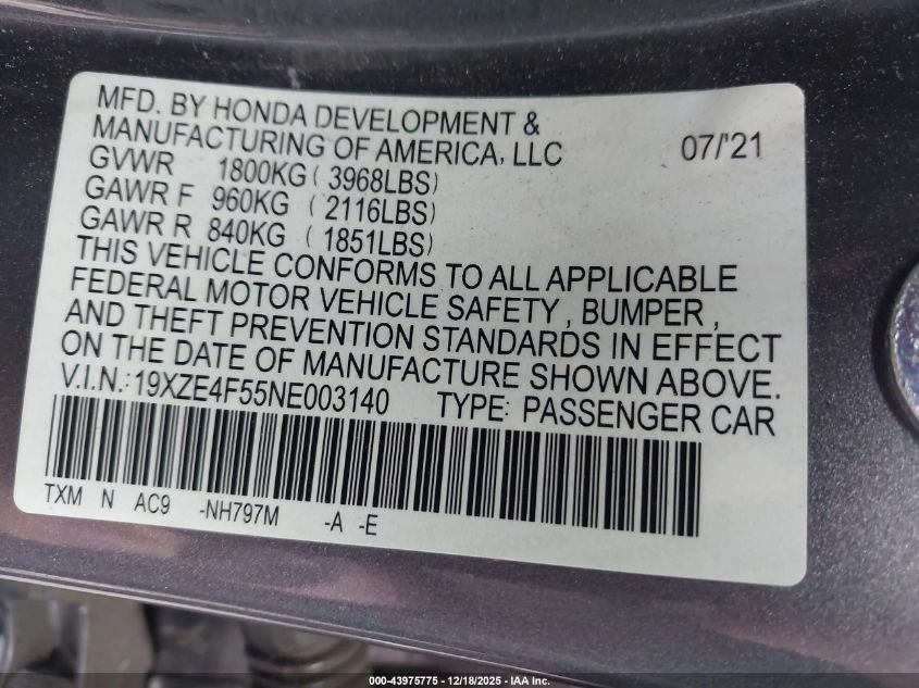 2022 Honda Insight Ex VIN: 19XZE4F55NE003140 Lot: 43975775