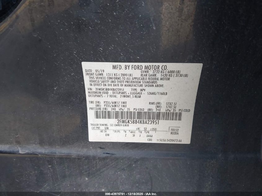 2019 Ford Flex Se VIN: 2FMGK5B84KBA23951 Lot: 43975781