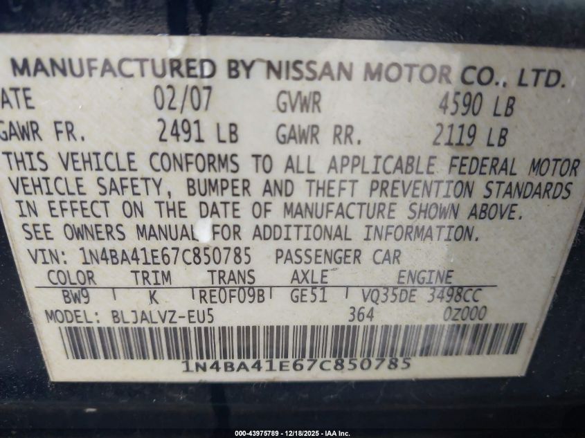 2007 Nissan Maxima 3.5 Se VIN: 1N4BA41E67C850785 Lot: 43975789