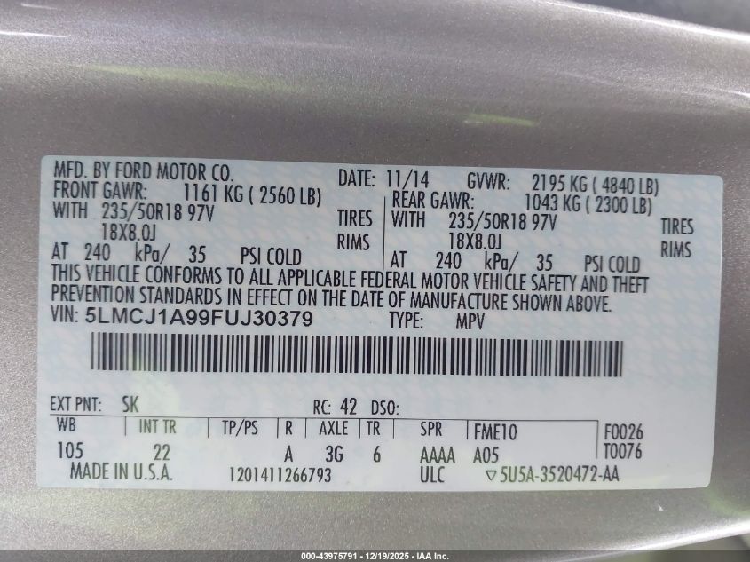 2015 Lincoln Mkc VIN: 5LMCJ1A99FUJ30379 Lot: 43975791