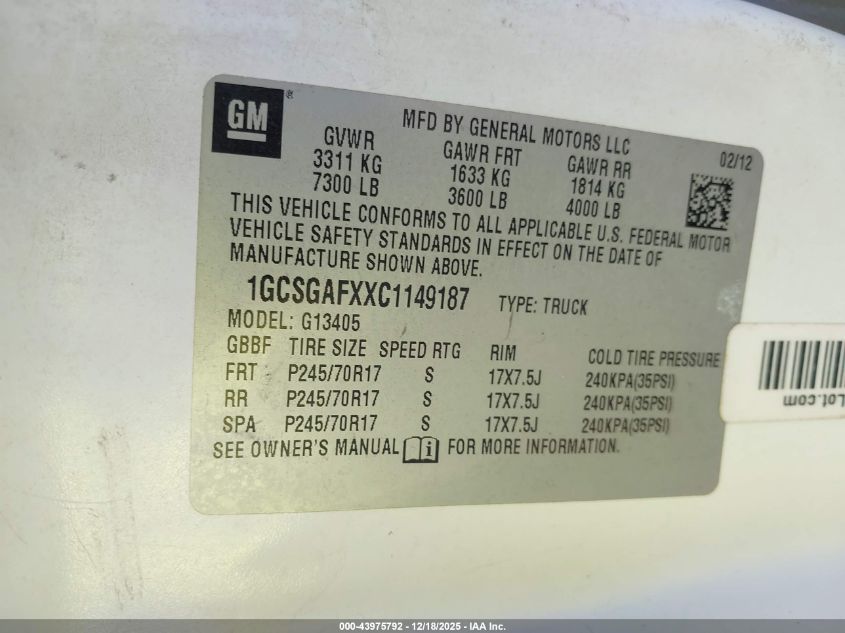 2012 Chevrolet Express 1500 Work Van VIN: 1GCSGAFXXC1149187 Lot: 43975792