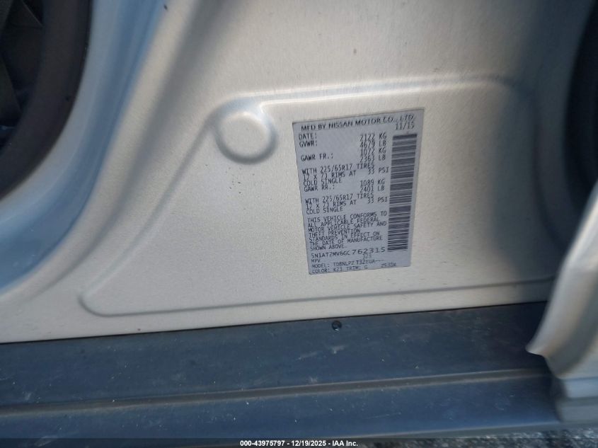 2016 Nissan Rogue S/Sl/Sv VIN: 5N1AT2MV6GC762315 Lot: 43975797