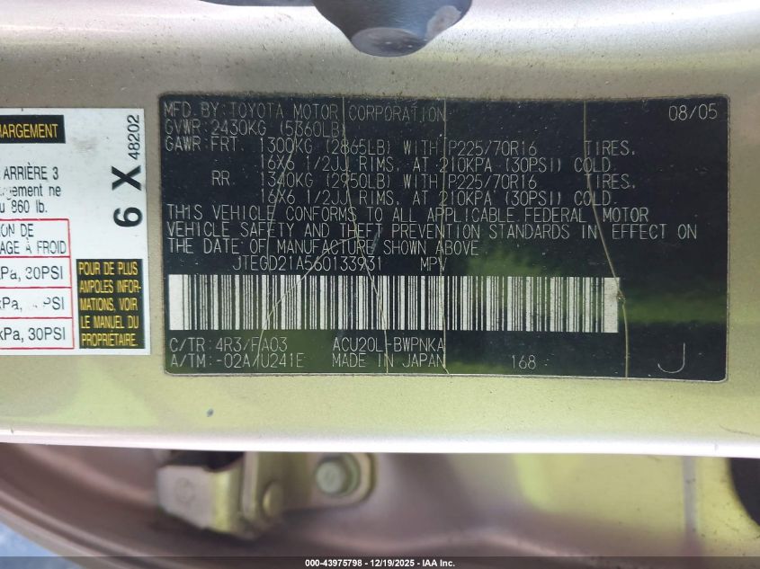 2006 Toyota Highlander VIN: JTEGD21A560133931 Lot: 43975798