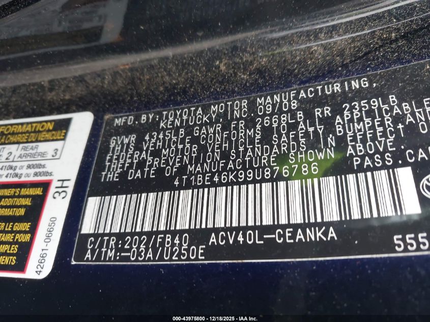 2009 Toyota Camry Le VIN: 4T1BE46K99U876786 Lot: 43975800