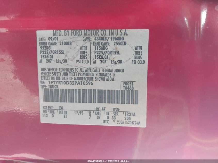 2002 Ford Ranger Xl/Xlt VIN: 1FTYR10D32PA10596 Lot: 43975801