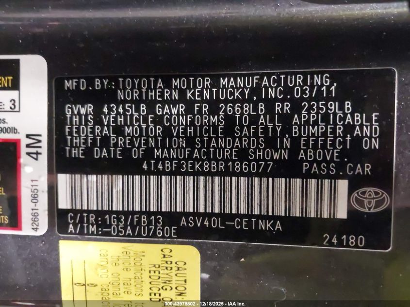 2011 Toyota Camry Le VIN: 4T4BF3EK8BR186077 Lot: 43975802