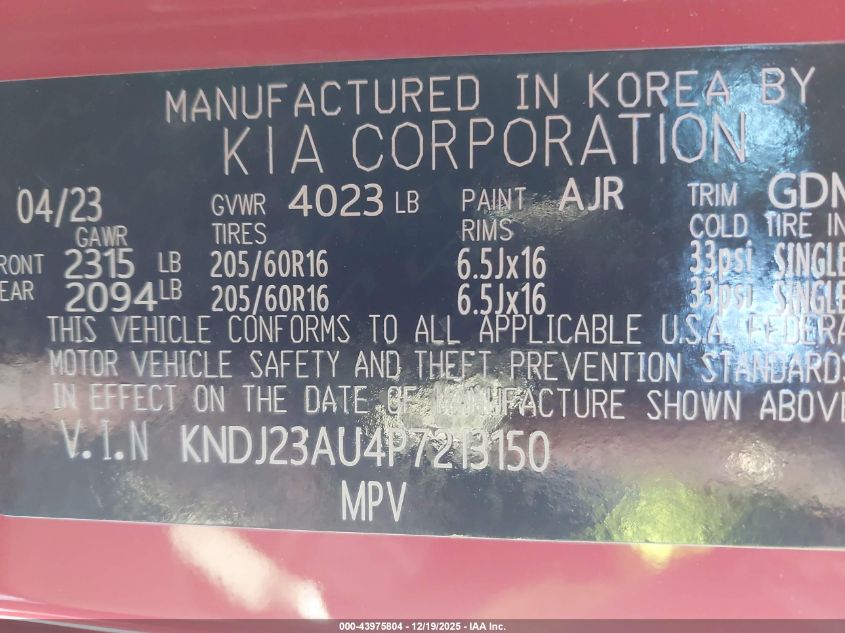 2023 Kia Soul Lx VIN: KNDJ23AU4P7213150 Lot: 43975804