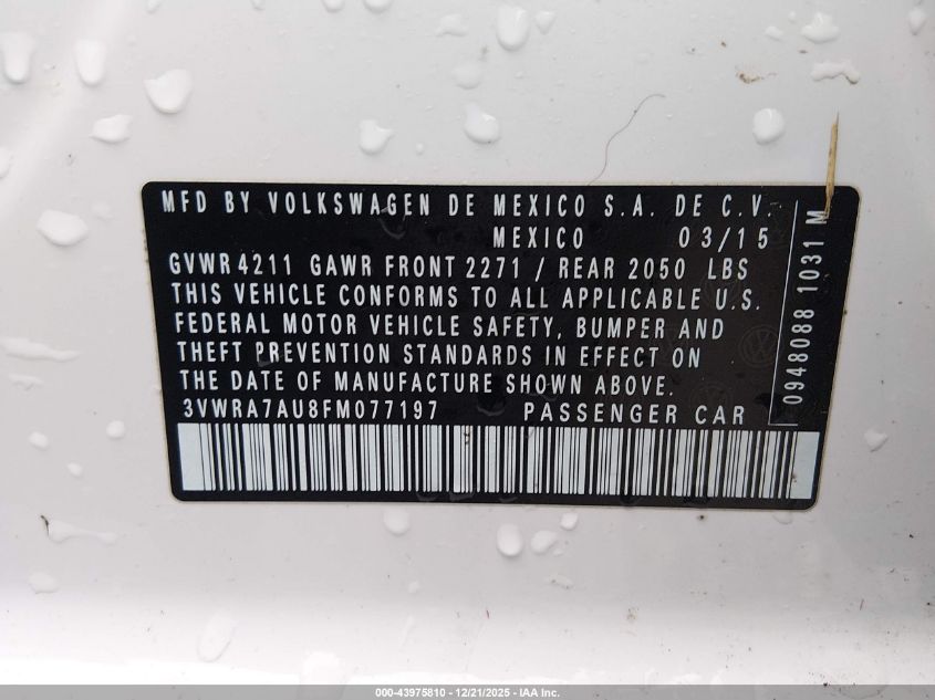 2015 Volkswagen Golf Tdi Sel 4-Door VIN: 3VWRA7AU8FM077197 Lot: 43975810