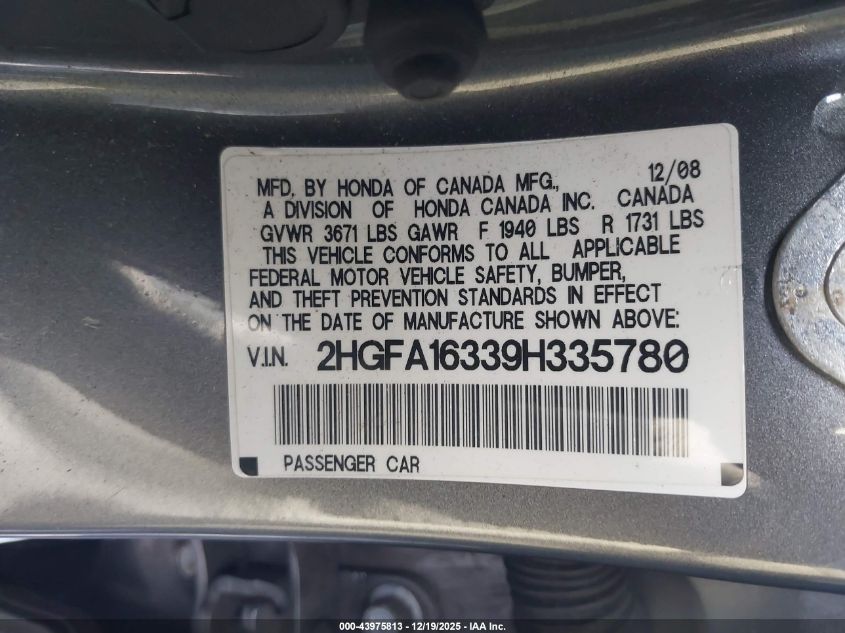 2009 Honda Civic Vp VIN: 2HGFA16339H335780 Lot: 43975813