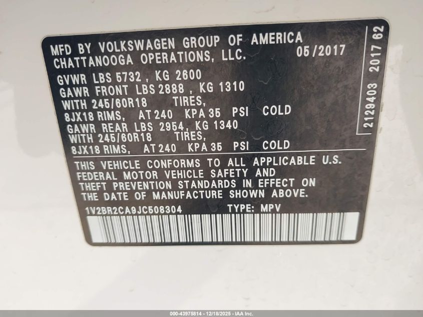 2018 Volkswagen Atlas 3.6L V6 Launch Edition VIN: 1V2BR2CA9JC508304 Lot: 43975814