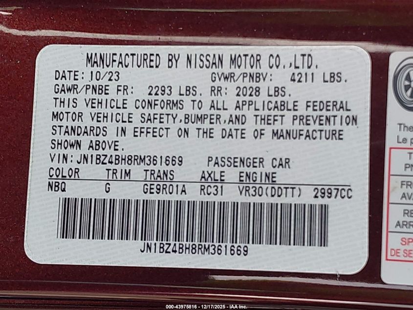 2024 Nissan Z Performance Auto VIN: JN1BZ4BH8RM361669 Lot: 43975816