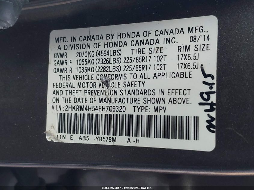 2014 Honda Cr-V Ex VIN: 2HKRM4H54EH709320 Lot: 43975817