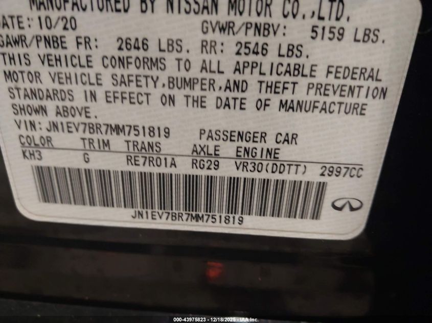 2021 Infiniti Q50 Luxe Awd VIN: JN1EV7BR7MM751819 Lot: 43975823