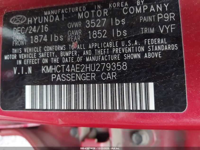 2017 Hyundai Accent Value Edition VIN: KMHCT4AE2HU279358 Lot: 43975826