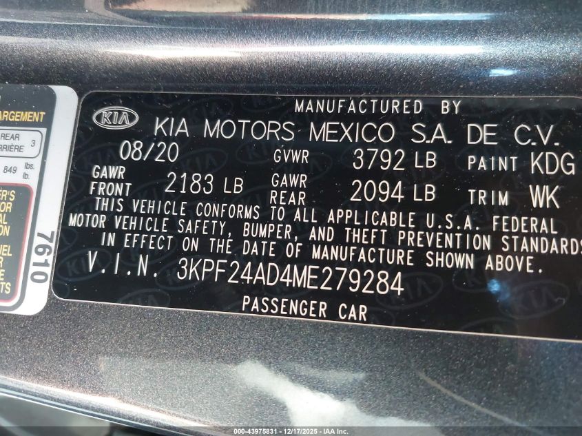 2021 Kia Forte Lxs VIN: 3KPF24AD4ME279284 Lot: 43975831