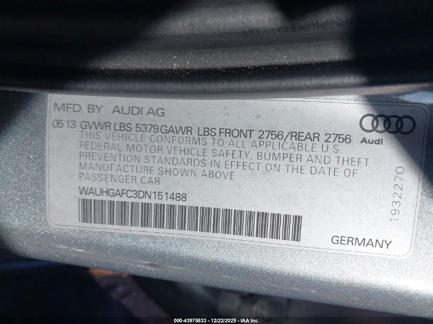 2013 Audi A6 3.0T Premium VIN: WAUHGAFC3DN151488 Lot: 43975833
