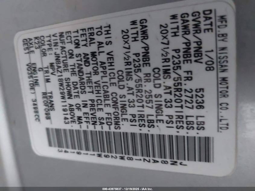 2009 Nissan Murano Le VIN: JN8AZ18W29W119143 Lot: 43975837