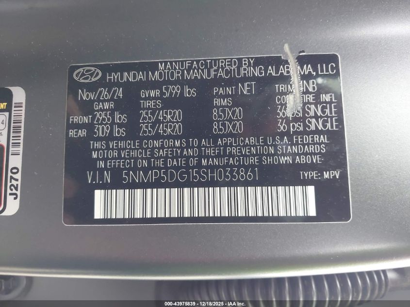 2025 Hyundai Santa Fe Hybrid Calligraphy VIN: 5NMP5DG15SH033861 Lot: 43975839