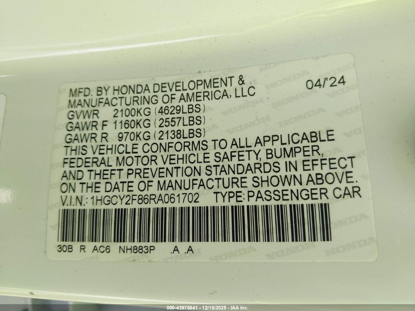 2024 Honda Accord Hybrid Touring VIN: 1HGCY2F86RA061702 Lot: 43975841