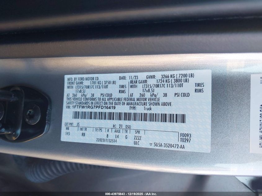 2023 Ford F-150 Raptor VIN: 1FTFW1RG7PFD16419 Lot: 43975843