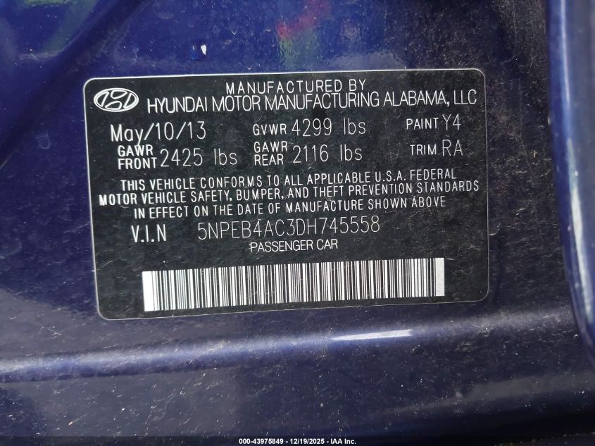 2013 Hyundai Sonata Gls VIN: 5NPEB4AC3DH745558 Lot: 43975849