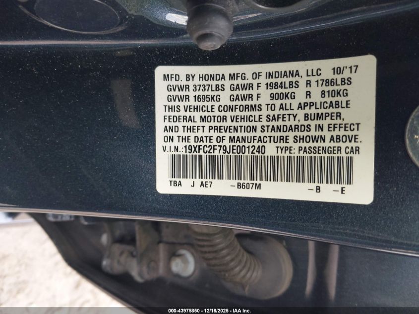 2018 Honda Civic Ex VIN: 19XFC2F79JE001240 Lot: 43975850