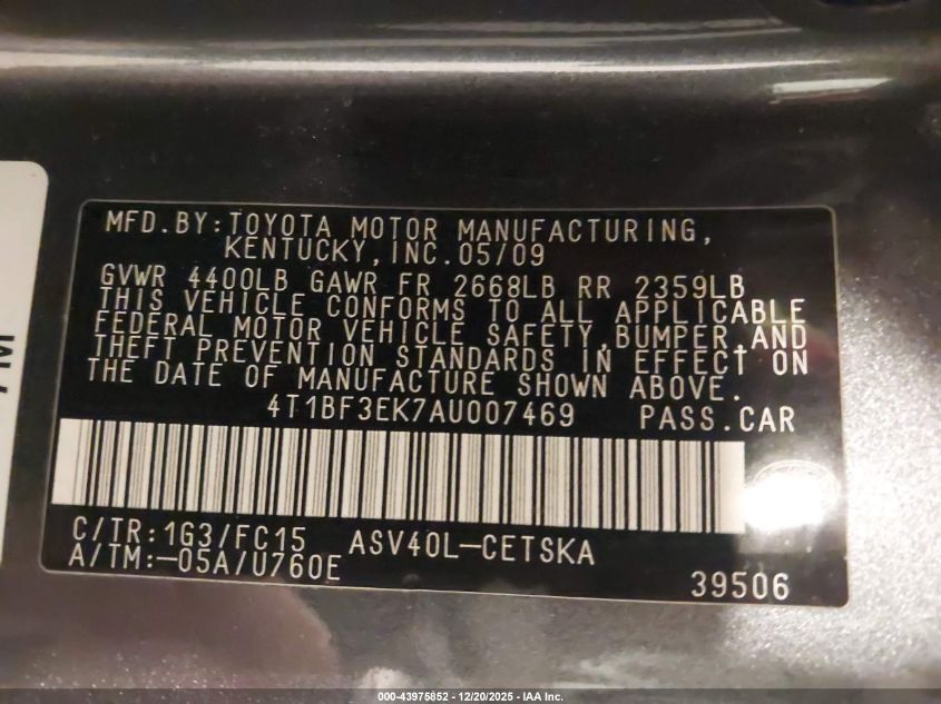 2010 Toyota Camry Se VIN: 4T1BF3EK7AU007469 Lot: 43975852