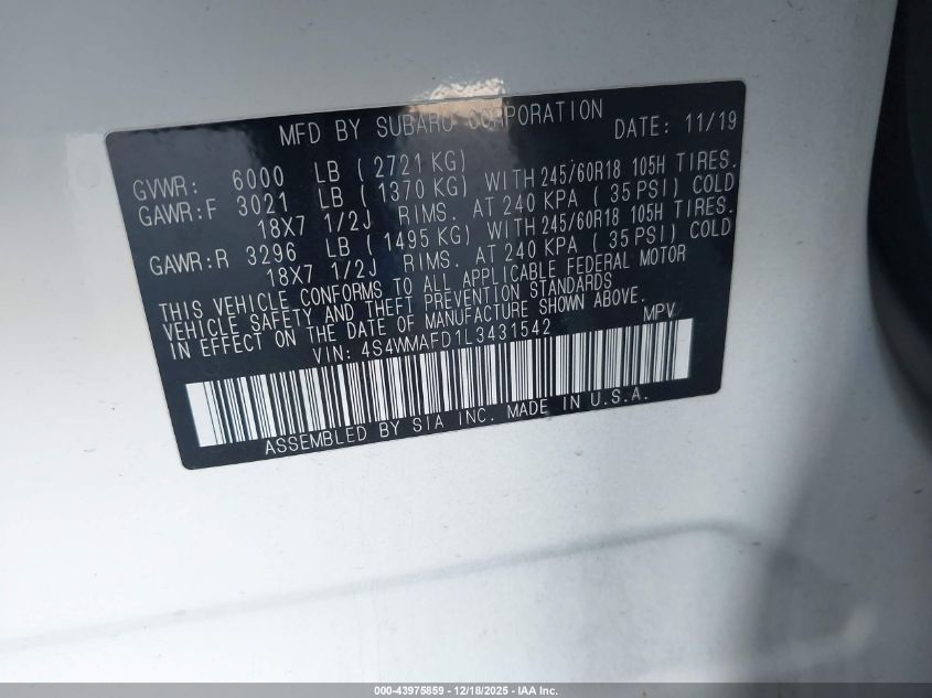 2020 Subaru Ascent Premium VIN: 4S4WMAFD1L3431542 Lot: 43975859