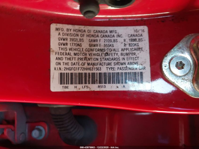 2017 Honda Civic Ex-L VIN: 2HGFC1F72HH631563 Lot: 43975863